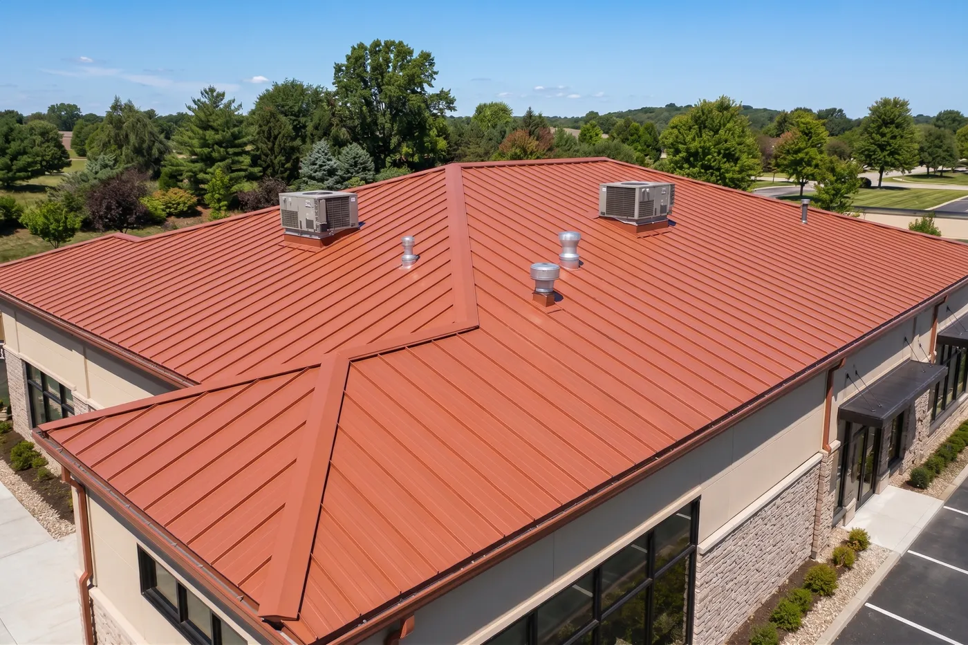 Standing-seam metal roof on a commercial building