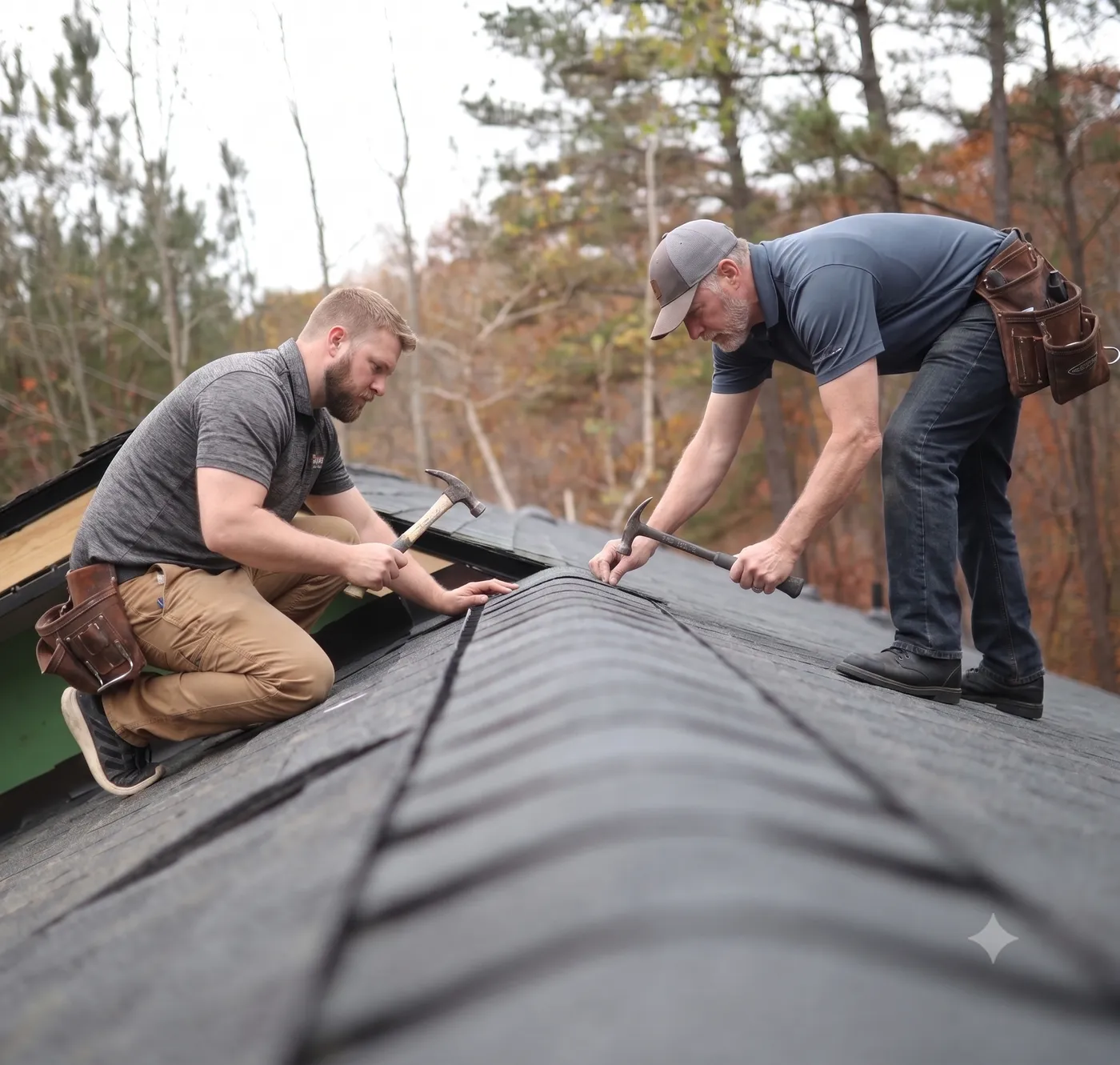 H&H Roofing crew hand-nailing a ridge cap on a residential roof