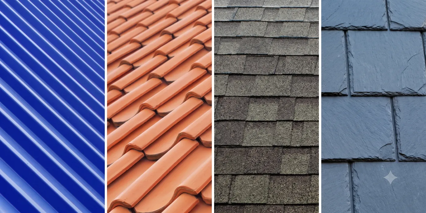 Four roofing material types side by side: metal, clay tile, asphalt shingle, and slate